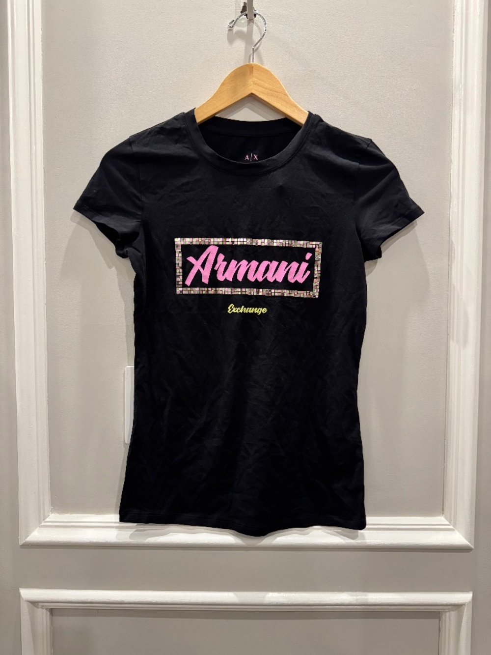 NWT Armani Exchange Black Graphic Logo T-Shirt Pink Y2K Mosaic Tee XS